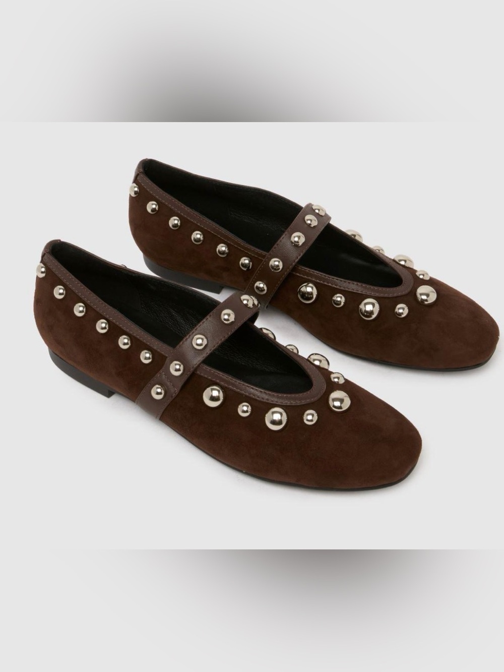Olivia & Kate Studded Mary Jane Flats in a dark brown faux-suede finish